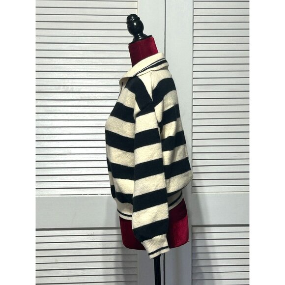 Frnch Paris Women's Black Cream Mika Striped Collared Crop Sweater Size S 3079 - Picture 4 of 12